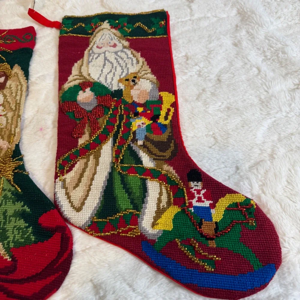 Vintage Needlepoint Christmas Stockings Set of 2 Angel Santa Beaded Red Green
